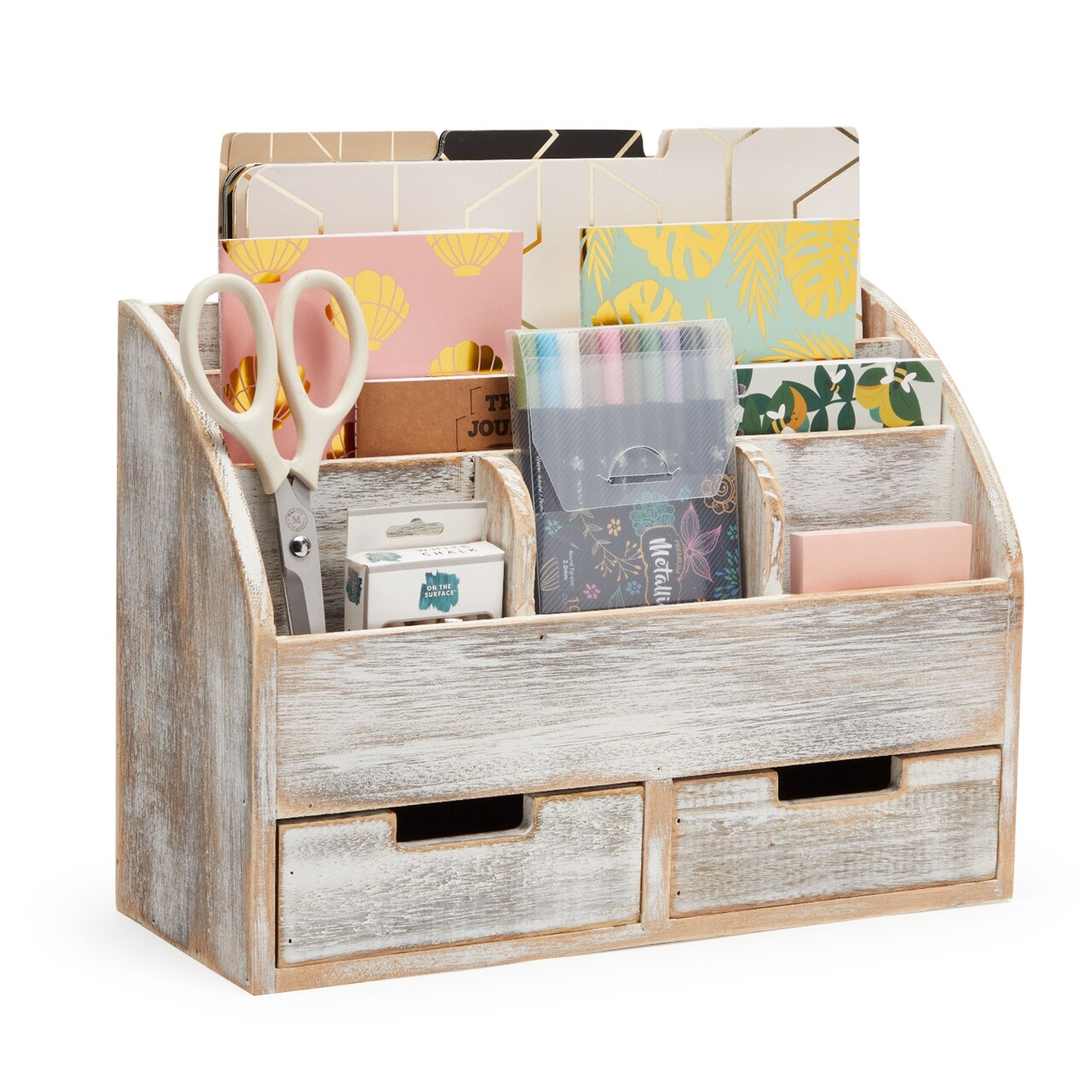 Rustic Wood Desk Organizer with Drawers for Home and Office Supplies Storage, Vintage-Style (14.5 x 10 x 6 In)